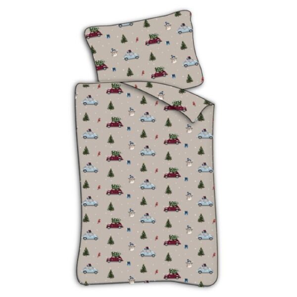 Junior julesengetøj 100x140 cm - Jule sengesæt med biler og juletræer - 100% blødt bomulds sengelinned